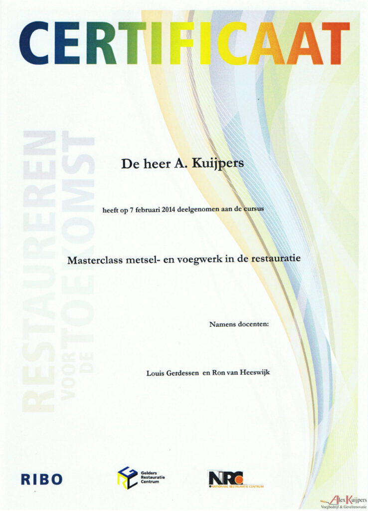 Masterclass Metsel en Voegwerk in de Restauratie Alex Kuijpers Certificaat